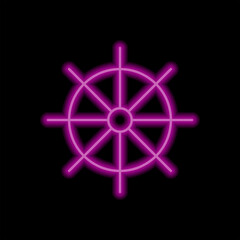 Steering wheel simple icon. Flat desing. Purple neon on black background.ai