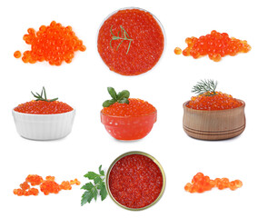 Set with delicious red caviar on white background