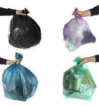 Collage With Photos Of Men Holding Trash Bags On White Background, Closeup