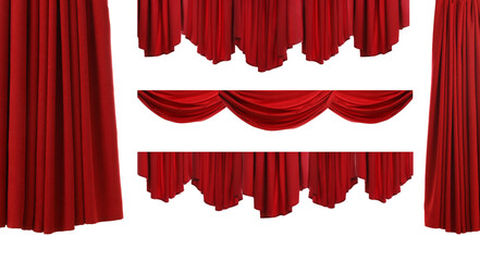 Set with beautiful red curtains on white background