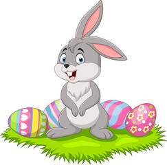 Poster - Cute little bunny with Easter egg in the grass