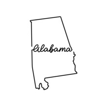 Alabama US State Outline Map With The Handwritten State Name. Continuous Line Drawing Of Patriotic Home Sign. A Love For A Small Homeland. T-shirt Print Idea. Vector Illustration.