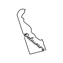 Delaware US State Outline Map With The Handwritten State Name. Continuous Line Drawing Of Patriotic Home Sign. A Love For A Small Homeland. T-shirt Print Idea. Vector Illustration.