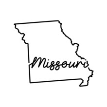 Missouri US State Outline Map With The Handwritten State Name. Continuous Line Drawing Of Patriotic Home Sign. A Love For A Small Homeland. T-shirt Print Idea. Vector Illustration.