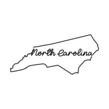 North Carolina US State Outline Map With The Handwritten State Name. Continuous Line Drawing Of Patriotic Home Sign. A Love For A Small Homeland. T-shirt Print Idea. Vector Illustration.