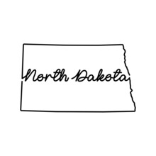 North Dakota US State Outline Map With The Handwritten State Name. Continuous Line Drawing Of Patriotic Home Sign. A Love For A Small Homeland. T-shirt Print Idea. Vector Illustration.