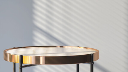3d render of an empty round marble side table with metallic gold rim for products display. blind cur