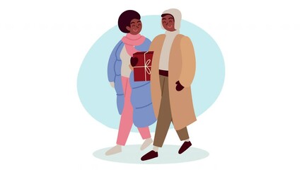 Canvas Print - happy merry christmas animation with afro couple walking