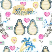 Seamless Pattern With Adorable Kawaii Penguin Bird With Hearts And Love Symbols Isolated On White, Concept For Valentine's Day Greeting Card