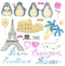 Design Set With Adorable Kawaii Penguin Bird With Hearts, Eiffel Tower And Love Symbols Isolated On White, Concept For Valentine's Day Greeting Card