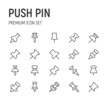 Set of push pin line icons.