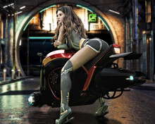 Futuristic Portrait Of An Adult Female Sitting On A Hovering Sleek Jet Bike With An Urban Setting Background. 3d Rendering