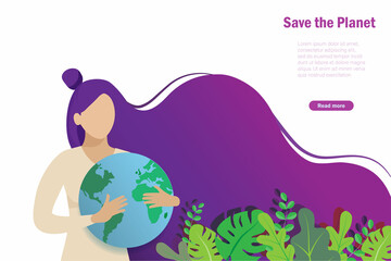 Save the planet and forest. Woman hold green planet in arm for protection. Care for nature, ecology, world environment day, earth day and global warming concept. For web template, banner and poster.