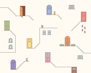 Wall Mural - small and simple doors are on the lined staircase. simple pattern design template.