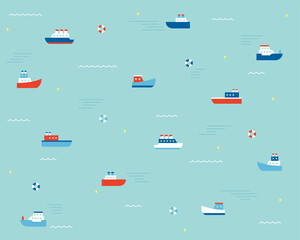 Wall Mural - boats with simple designs are floating in the emerald-colored sea. simple pattern design template.