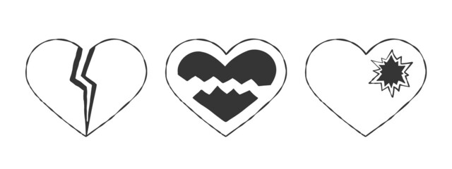 Wall Mural - Hearts icons set. Cute black broken hearts. Hand-drawn hearts. Vector illustration