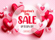 Valentine's sale vector banner design. Valentine's day discount text with heart balloon elements for clearance promotion card. Vector illustration. 
