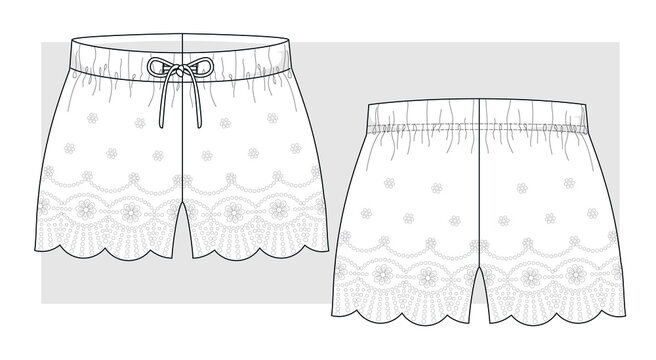 Summer woven shorts with lace trimming on bottom. Technical sketch.