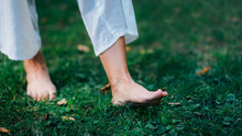 Yoga Woman Walking Barefoot, Focus On Feet.