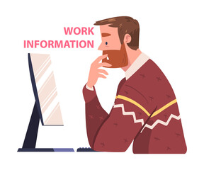 Sticker - Man Character Sitting at Computer Screen Working with Information Analyzing Data and Browsing Internet Vector Illustration