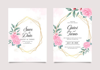 Elegant beautiful wedding invitation with golden geometric frame and beautiful rose flower decoration