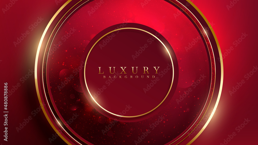 Dark red luxury background and golden circle elements with light ...