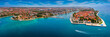 Zadar, Croatia - Aerial panoramic view of the old town of Zadar by the Adriatic sea with motorboat, yacht harbor and blue sky on a bright summer day