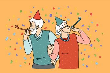 Elderly couple celebrating holiday concept. Smiling cheerful mature couple woman and man in festive clothes and accessories standing and having party celebrating birthday holiday vector illustration