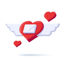 Wall Mural - Greeting digital isometric 3d icon of flying hearts with wings and love letter envelope