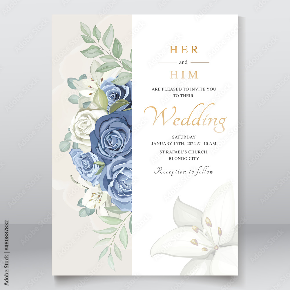 Wedding card with dusty blue roses template Stock Vector | Adobe Stock