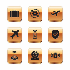 Wall Mural - Set Suitcase for travel, Scientist and test tube, Web camera, Contactless payment, Plane and icon. Vector