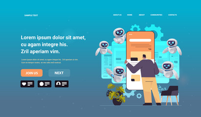 Wall Mural - man and robot web developers creating program code on smartphone screen development of software and 