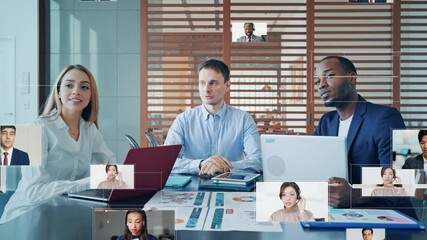 Wall Mural - group of multinational people taking video conference. online meeting. hologram screens.