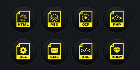 Set DLL file document, PHP, EML, XSL, GIF and PSD icon. Vector