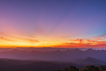 Australia, Victoria, Silhouettes Of Mountains Seen From Mount William At Moody Sunset