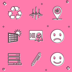 Sticker - Set Recycle symbol, Wind turbines, Location shopping basket, Solar energy panel and sun, Certificate template, Sad smile, Customer care server and Pen icon. Vector