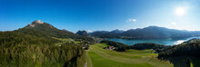 Austria, Salzburg, Fuschl Am See, Drone Panorama Of Lake Fuschl And Surrounding Landscape In Summer