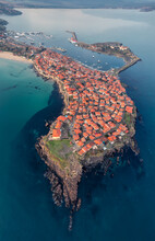 Aerial Picturesque Morning View Of The Old Town Of Sozopol In Bulgaria. An Ancient Seaside Town, One Of The Major Seaside Resorts In The Country.