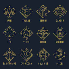Wall Mural - 12 horoscope symbol - line border zodiac icon diamond shape collection vector design