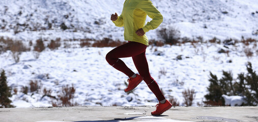 Woman trail runner cross country running in winter nature