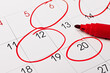 © Red Cristal - Calendar page with red pen close up and many red circle for design in your ideas and work concept