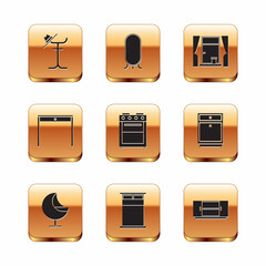 Poster - Set Coat stand, Armchair, Big bed, Oven, Wooden table, Window with curtains, TV and full length mirror icon. Vector