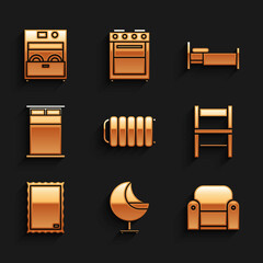 Sticker - Set Heating radiator, Armchair, Chair, Picture, Big bed, Bed and Kitchen dishwasher machine icon. Vector