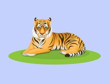 Tiger Lying On Grass, Animal Wildlife Character Figure Illustration Vector