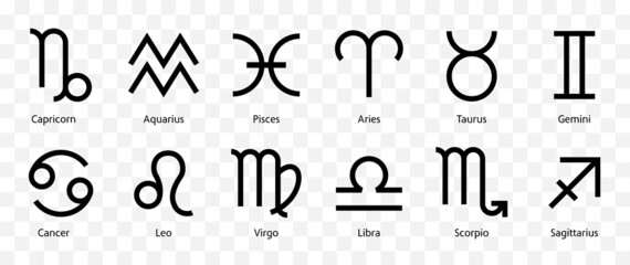 zodiac signs black icons set vector. isolated horoscope zodiac symbols : capricorn, aquarius, pisces