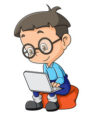 Sticker - The little boy is studying and learning with the laptop