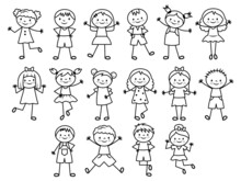 Set Of Doodle Kids Figures. Collection Of  Happy Cartoon Children's. Vector Illustration Of Cute Emotion Stick Figures Of Boys And Girls. Hand-drawn.