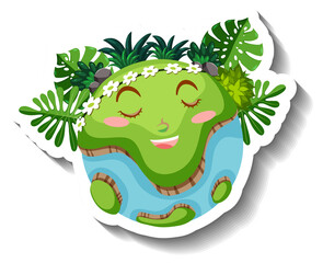 Poster - Earth planet with happy face and tropical leaf