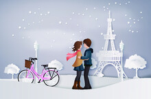 Illustration Of Love And Winter Season Lovers Are Hugging In The Garden With Snow Paper Art And Craft Stlye