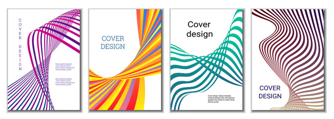 A set of 4 abstract covers. Wavy parallel gradient lines, ribbons evolve. Cover design, background. Trendy banner, poster.